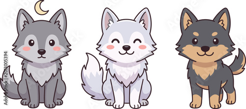 Fotografie Cute Cartoon Illustration of Three Wolves with Different Expressions and Colors