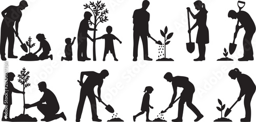 people planting trees various poses set collection. Family gardening and planting trees outdoor different poses. silhouette vector illustration