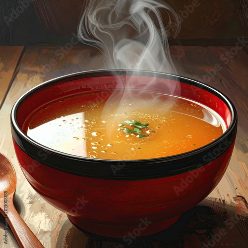 Steaming hot broth in a red bowl with a wooden spoon