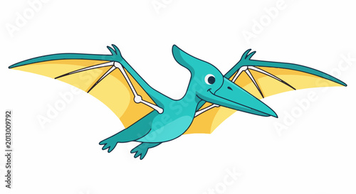 A cheerful turquoise cartoon pterodactyl with yellow wings flies joyfully