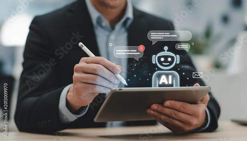Businessman using AI chatbot on digital tablet for assistance.