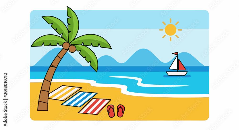 Obraz premium A bright, cartoon-style beach scene with a palm tree, towels, and a sailboat