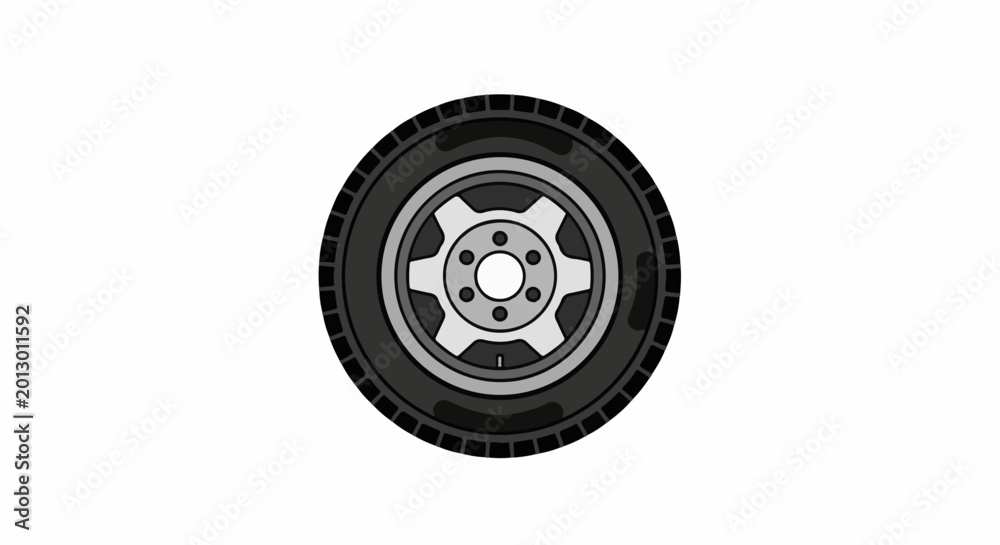 Naklejka premium A close-up illustration of a black tire with a silver rim, against a white background