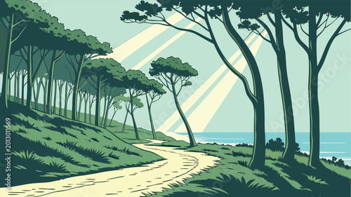 Fotografie Sunbeams shining through pine trees over a winding coastal path by the sea