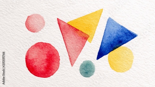 Watercolor painting on textured paper, featuring colorful geometric shapes and abstract composition
