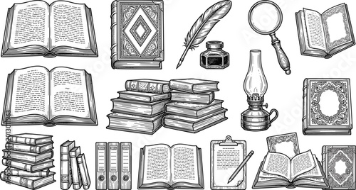 Foto Vintage Illustration of Books, Quill, Magnifying Glass, and Writing Tools on a W
