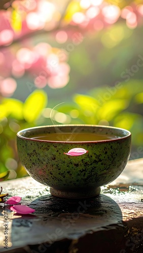 Steaming tea in a textured bowl with pink petals and blurred floral background