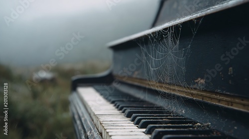 Weathered, old upright piano sits in misty landscape, spiderwebs on keys