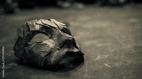 Single theatrical mask shattered then randomly reassembled, distorted eerie expression on plain background, metaphor for split personality
