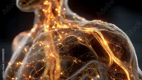 Detailed 3d render of human muscular and nervous system illuminated in gold