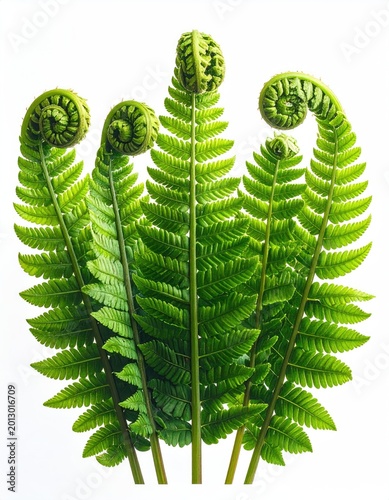 Vibrant green fern fronds unfurl in a delicate spiral against a stark white background