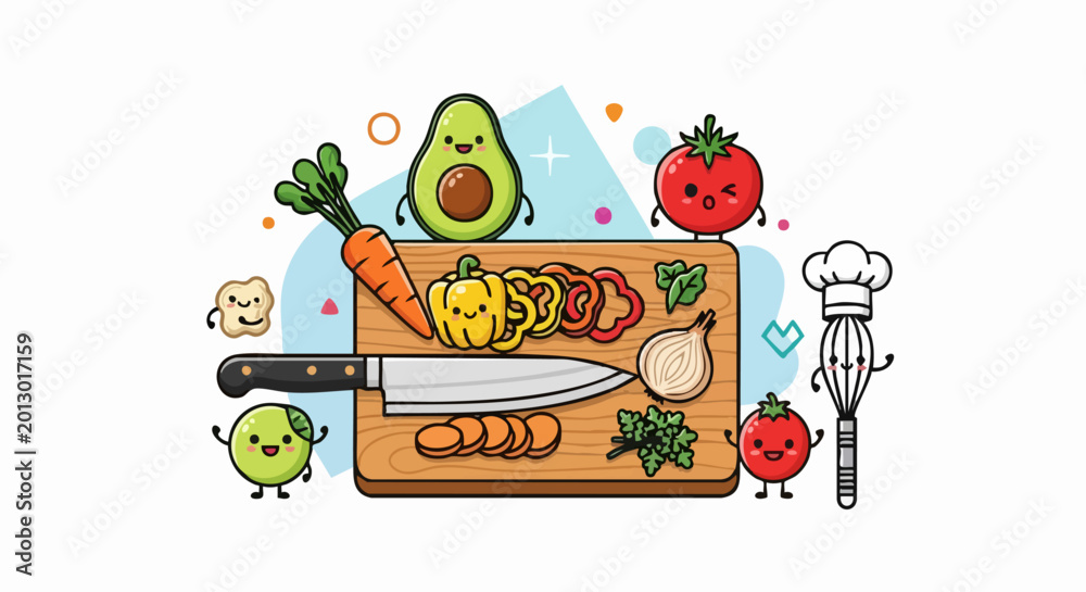 Fototapeta premium Colorful cartoon illustration of various fresh vegetables and cooking tools.