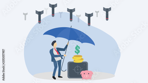 Quadro su tela Financial Protection Concept with Businessman Holding Umbrella over Safe and Piggy Bank Vector Illustration