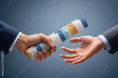 Business handshake with calendar roll symbolizing partnership planning trust and project continuity