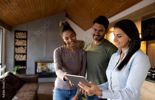 Happy couple viewing tablet with real estate agent in modern home