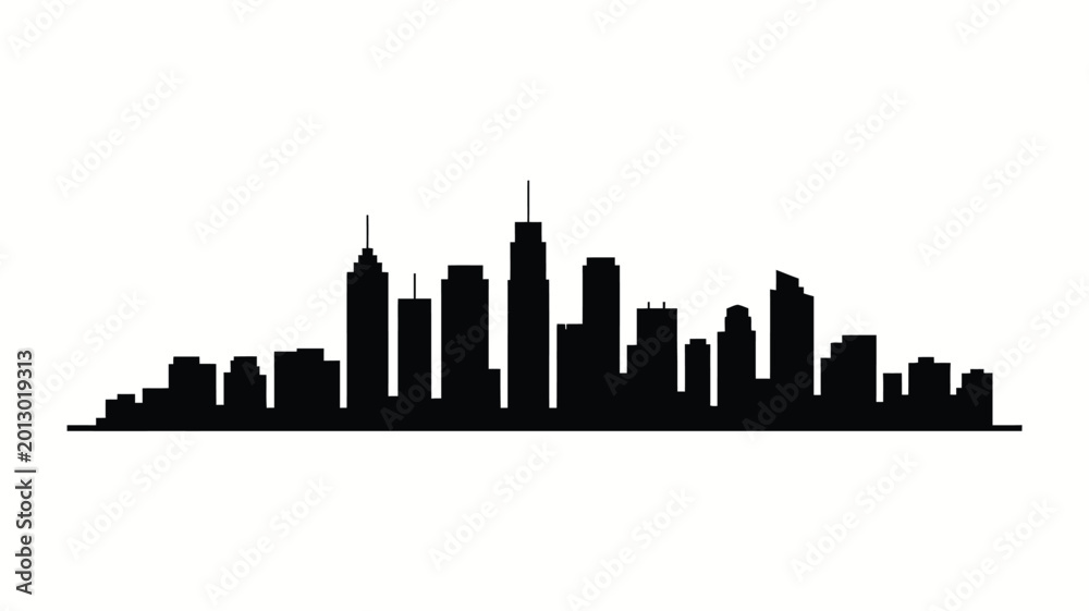 Fototapeta premium A striking black silhouette of a modern city skyline against a white background