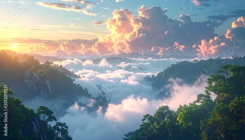 Sunny mountain landscape with clouds filling valleys, soft colors, and dreamy ambiance, creating serene vista