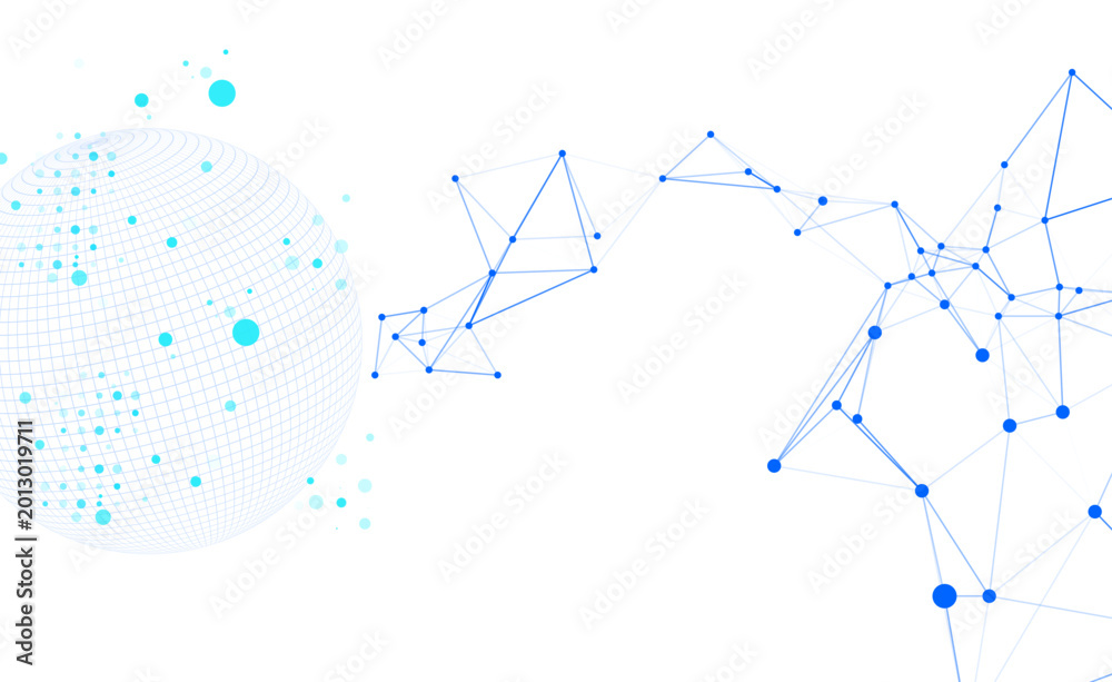 Obraz premium Abstract digital globe with glowing dots and interconnected network lines on a white background, representing global data, communication, and technological connections.