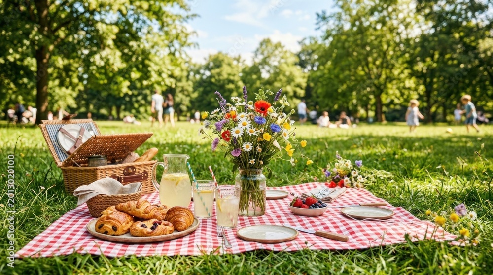 Fototapeta premium A charming picnic scene unfolds in a lush green park on a sunny day.