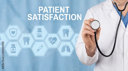 Physician holding stethoscope emphasizing patient satisfaction with healthcare icons symbolizing medical care and wellness doctor medicine treatment consultation diagnosis