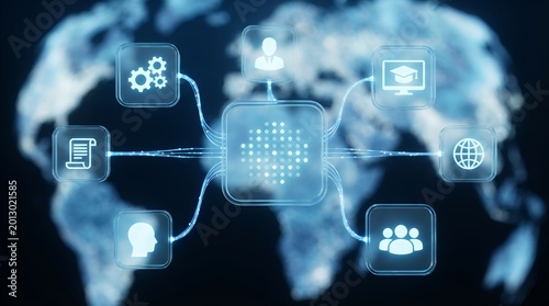 A digital network diagram displays interconnected glowing icons representing education business communication and people across a stylized blue world map technology connection