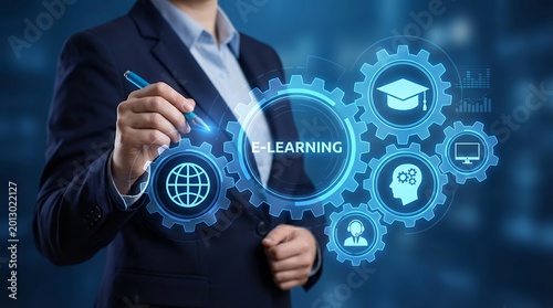 A person in a suit pointing a pen towards a digital interface displaying gears with icons representing e learning global connection education and data analysis online education