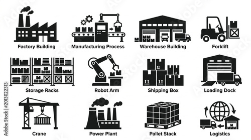 Tableau sur toile Collection of Industrial and Logistics Icons Representing Manufacturing and Supply Chain