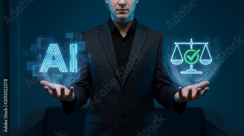 Businessman holds glowing AI symbol and scales of justice with checkmarks representing legal technology and artificial intelligence in law innovation futuristic concept digital