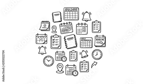 Hand drawn calendar and agenda outline icons with planner and scheduling symbols vector set