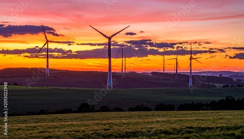 Wind turbines at sunset over green field