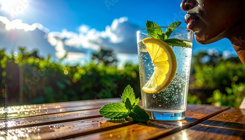 Fresh lemon mint water glass outdoors