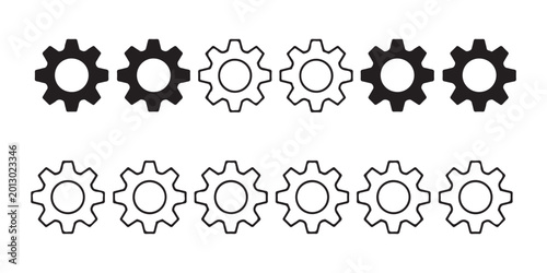 Foto Grid of twelve identical gear icons featuring solid black and outline styles on transparent checkered backdrop