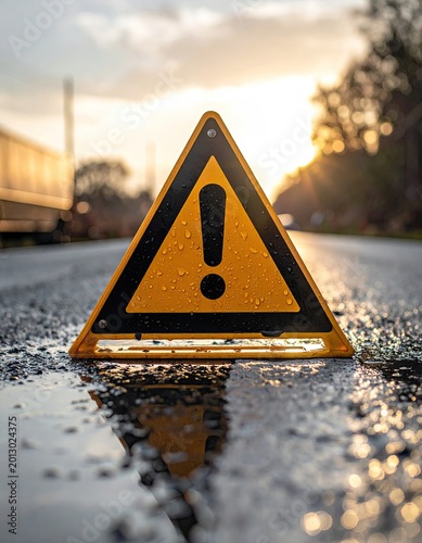 Yellow hazard sign with exclamation mark on wet asphalt road at sunset