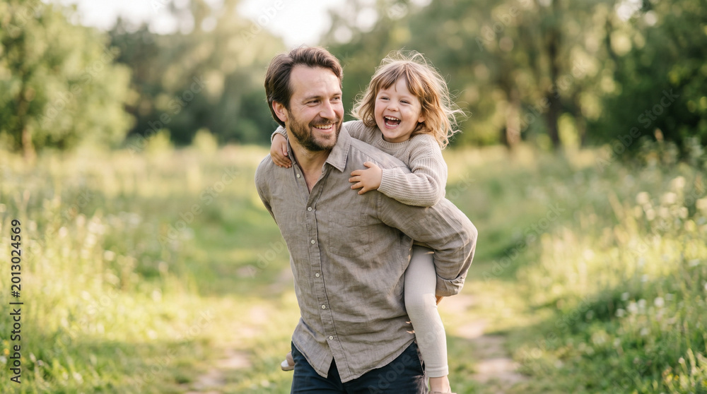 Obraz premium Father carrying young girl on back while smiling in sunny meadow 