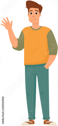 Cartoon vector illustration of a man in green and yellow shirt waving with right hand