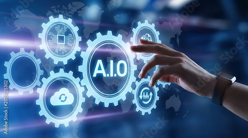 Human hand touching a digital interface displaying interconnected gears with AI cloud and data icons over a world map representing technology and innovation artificial intelligence