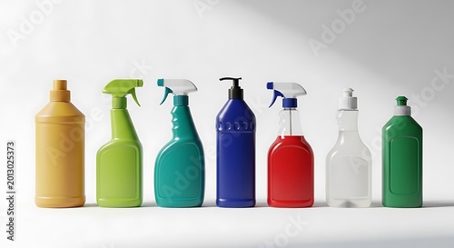 Assorted colorful cleaning spray bottles arranged in a row with vibrant lighting for home care marketing