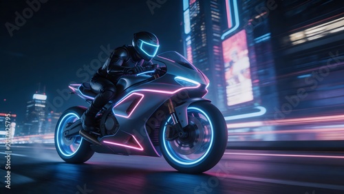 Cyberpunk motorcycle rider in neon city