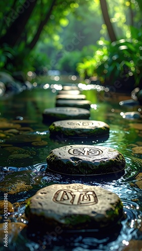 Stones inscribed with symbols lead through a sun-dappled forest stream