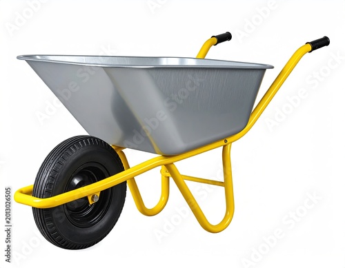 Metal garden cart with yellow handles and one wheel, white background