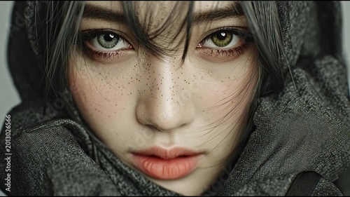Close-up portrait of a young woman with colorful eyes and a hooded face, against a plain gray background with cinematic lighting.