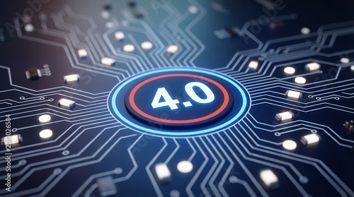 Close up view of a digital circuit board with glowing components and the number 4 0 prominently displayed in a central illuminated emblem technology electronics innovation