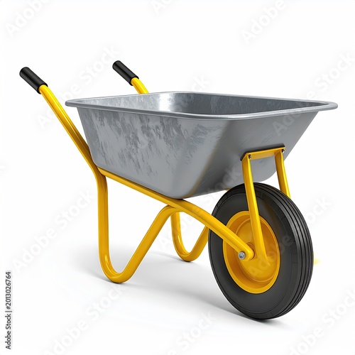 Metal, yellow, one-wheeled cart with black grips, ready for hauling