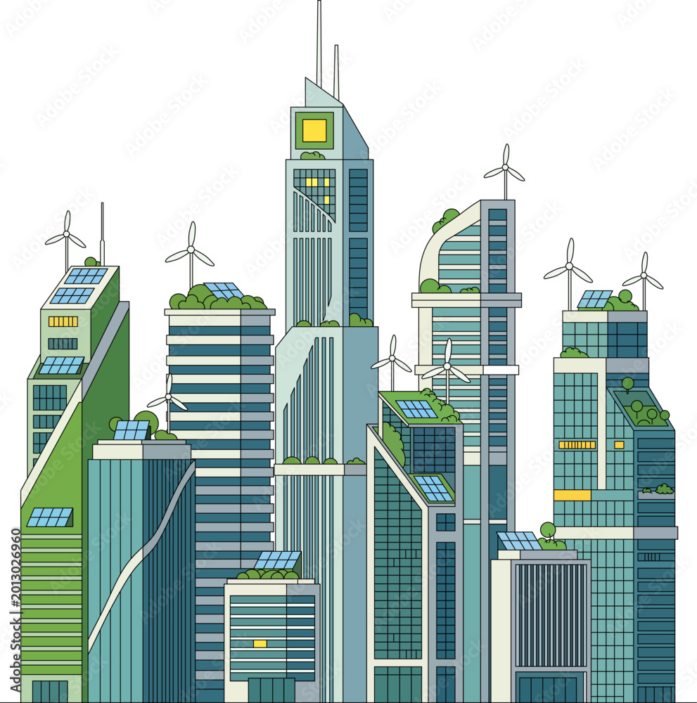 Fototapeta premium Eco Friendly Smart City with Green Buildings and Renewable Energy Illustration