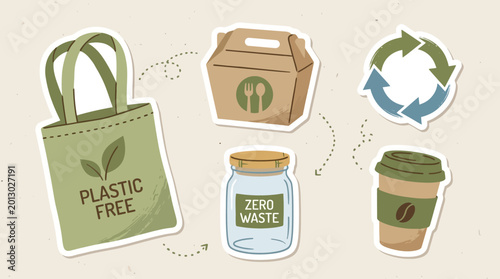 Eco packaging stickers with reusable bags paper containers and recycling symbols