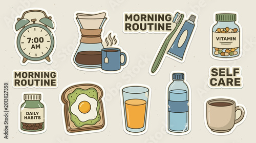 Morning routine stickers with daily habits and self care objects