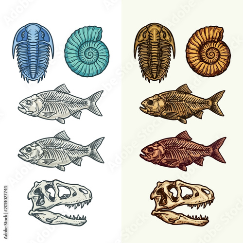 Foto Fossilized ammonites and fish skeletons are displayed in various illustrations