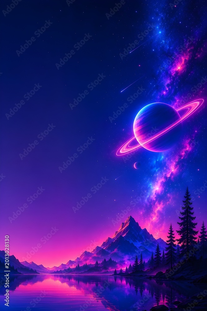 Fototapeta premium Vibrant sci-fi fantasy artwork featuring glowing neon planets, cosmic galaxy clouds, and surreal mountain silhouettes under a colorful futuristic night sky.