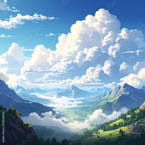 Sunny mountain valley vista