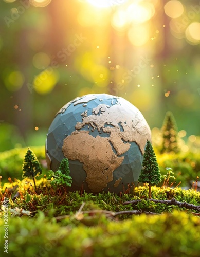 Miniature globe rests in lush mossy forest clearing, bathed in warm sunlight